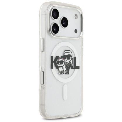 Puzdro MagSafe pre Apple iPhone 17 Pro, Karl Lagerfeld, IML Sketch Logo Glitter Karl & Choupette, Transparentné