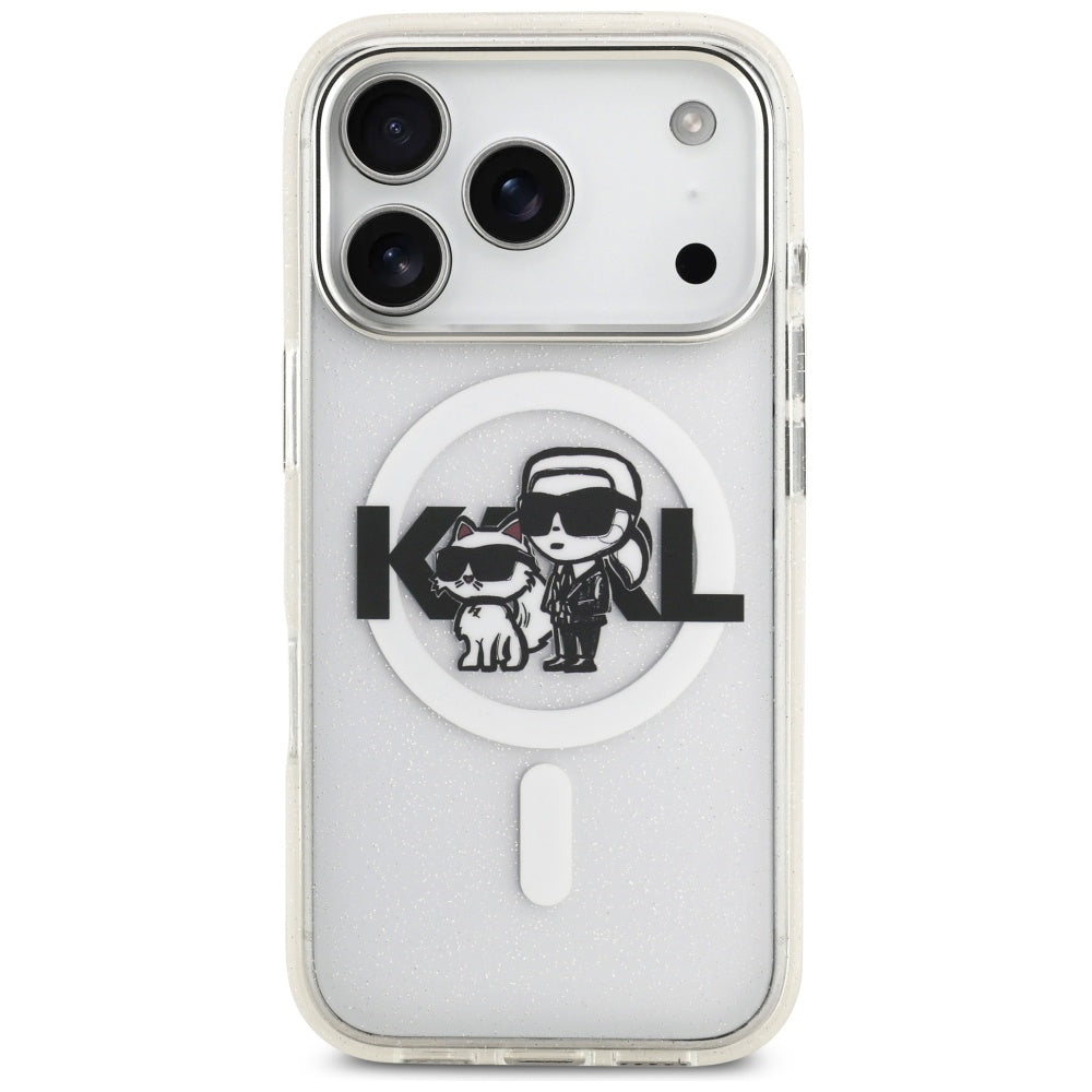 Puzdro MagSafe pre Apple iPhone 17 Pro, Karl Lagerfeld, IML Sketch Logo Glitter Karl & Choupette, Transparentné