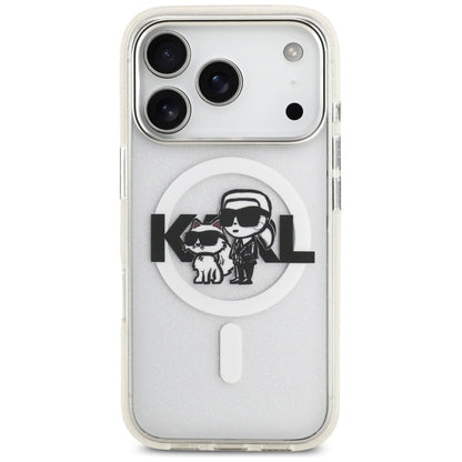 Puzdro MagSafe pre Apple iPhone 17 Pro, Karl Lagerfeld, IML Sketch Logo Glitter Karl & Choupette, Transparentné