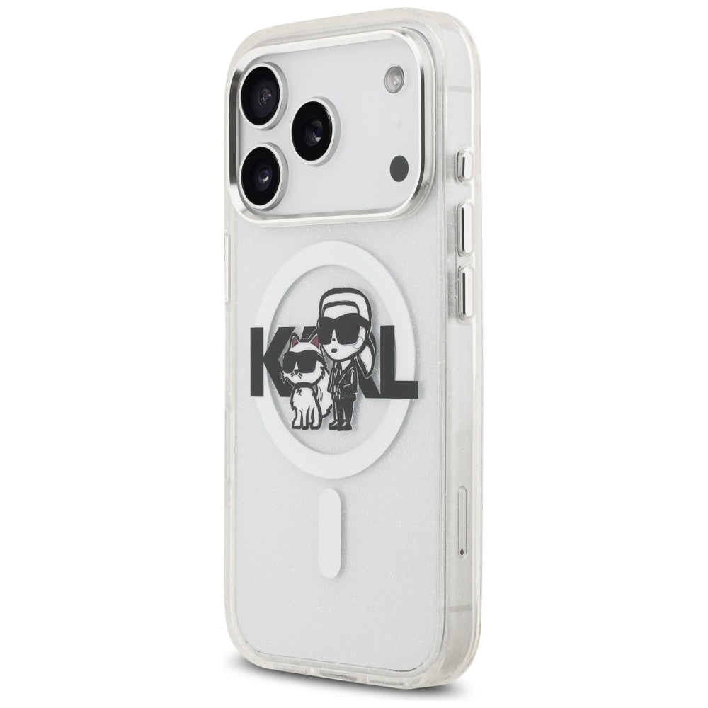 Puzdro MagSafe pre Apple iPhone 17 Pro, Karl Lagerfeld, IML Sketch Logo Glitter Karl & Choupette, Transparentné