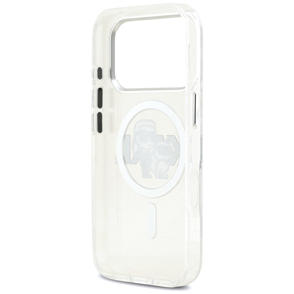 Puzdro MagSafe pre Apple iPhone 17 Pro, Karl Lagerfeld, IML Sketch Logo Glitter Karl & Choupette, Transparentné