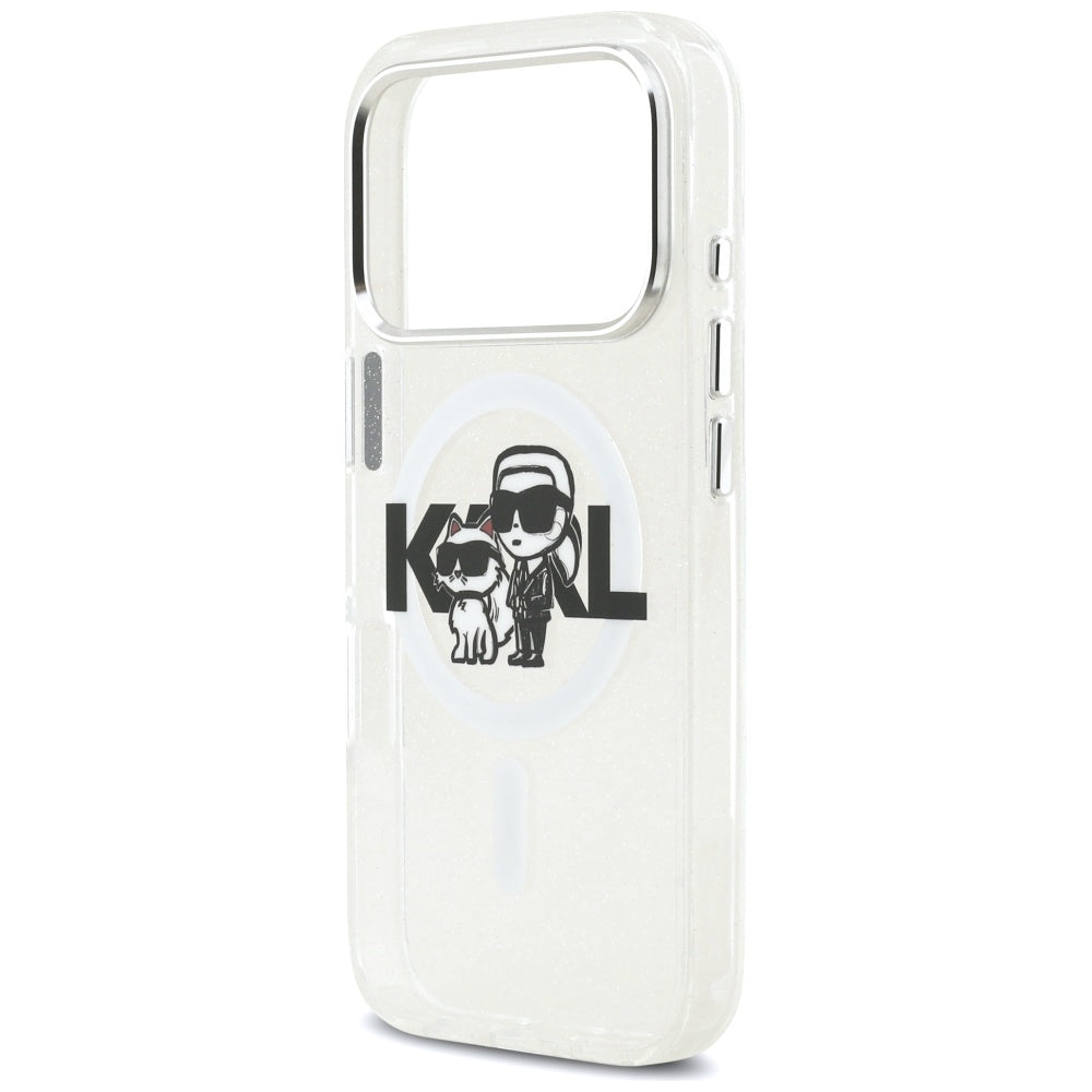 Puzdro MagSafe pre Apple iPhone 17 Pro, Karl Lagerfeld, IML Sketch Logo Glitter Karl & Choupette, Transparentné