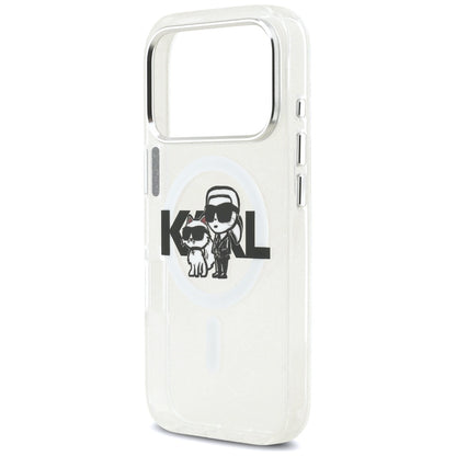 Puzdro MagSafe pre Apple iPhone 17 Pro, Karl Lagerfeld, IML Sketch Logo Glitter Karl & Choupette, Transparentné