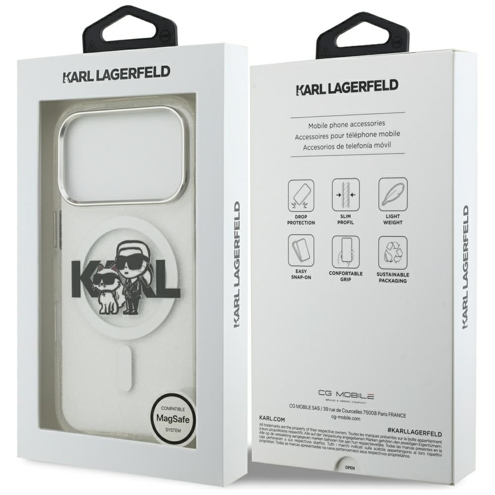 Puzdro MagSafe pre Apple iPhone 17 Pro, Karl Lagerfeld, IML Sketch Logo Glitter Karl & Choupette, Transparentné
