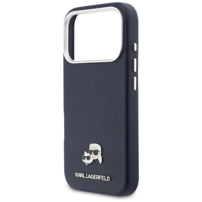 Puzdro MagSafe pre Apple iPhone 17 Pro, Karl Lagerfeld, Saffiano Karl & Choupette Pins, Modrá