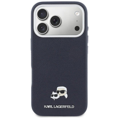 Puzdro MagSafe pre Apple iPhone 17 Pro, Karl Lagerfeld, Saffiano Karl & Choupette Pins, Modrá