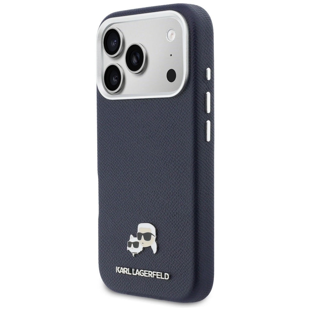 Puzdro MagSafe pre Apple iPhone 17 Pro, Karl Lagerfeld, Saffiano Karl & Choupette Pins, Modrá