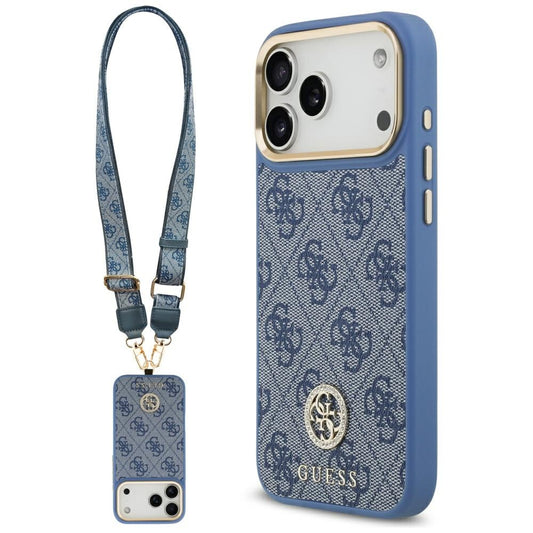 Puzdro MagSafe pre Apple iPhone 17 Pro Max, Guess, 4G Strass Logo with Big Strap, Modrá