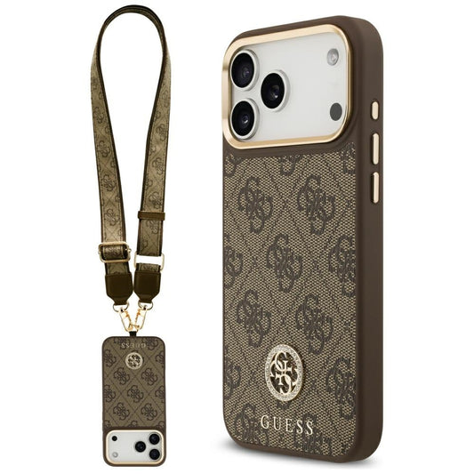 Puzdro MagSafe pre Apple iPhone 17 Pro Max, Guess, 4G Strass Logo with Big Strap, Hnedá