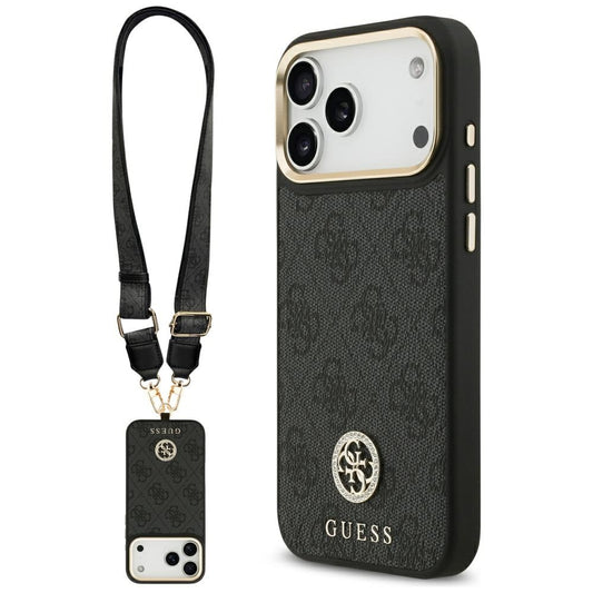 Puzdro MagSafe pre Apple iPhone 17 Pro Max, Guess, 4G Strass Logo with Big Strap, Čierne