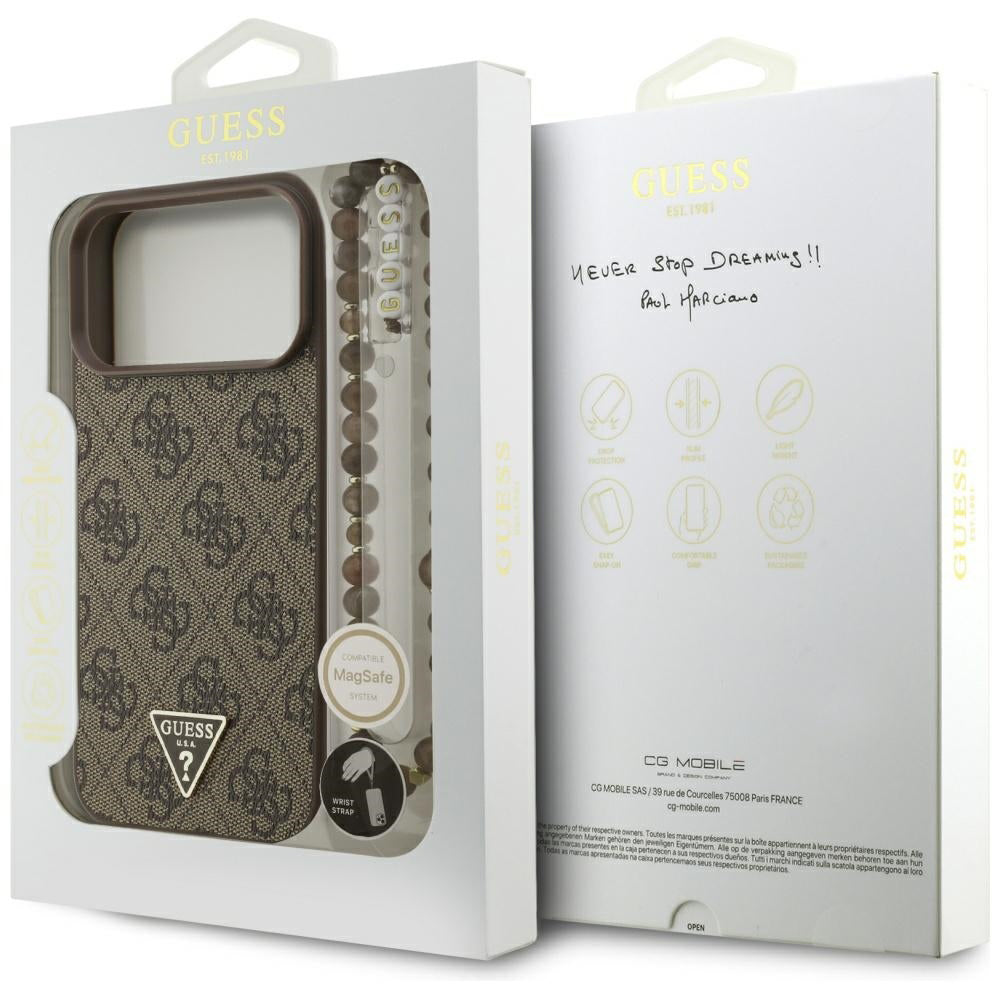 Puzdro MagSafe pre Apple iPhone 17 Pro Max, Guess, 4G Triangle Logo Cord Strap, Hnedé