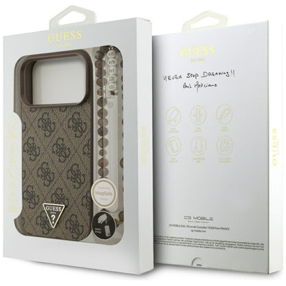 Puzdro MagSafe pre Apple iPhone 17 Pro Max, Guess, 4G Triangle Logo Cord Strap, Hnedé