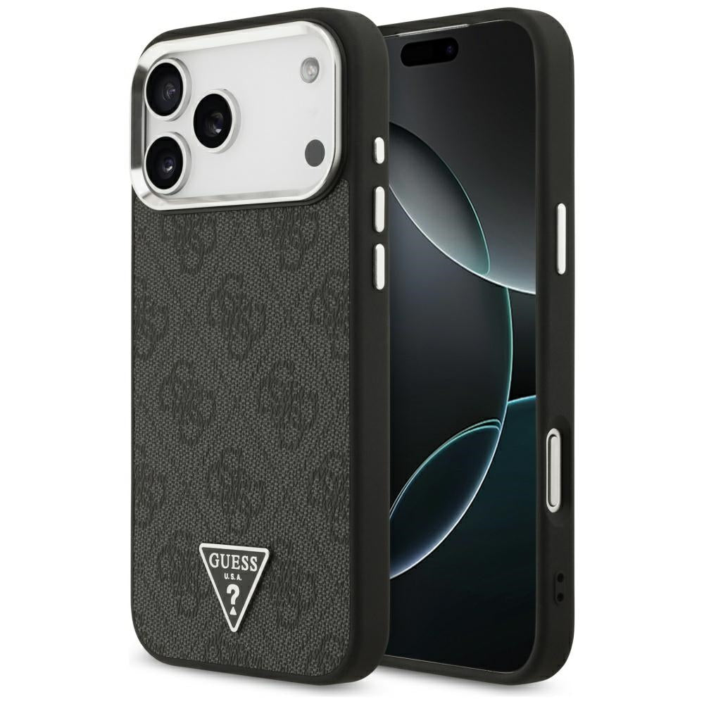 Puzdro MagSafe pre Apple iPhone 17 Pro Max, Guess, 4G Triangle Logo, Čierno Strieborné