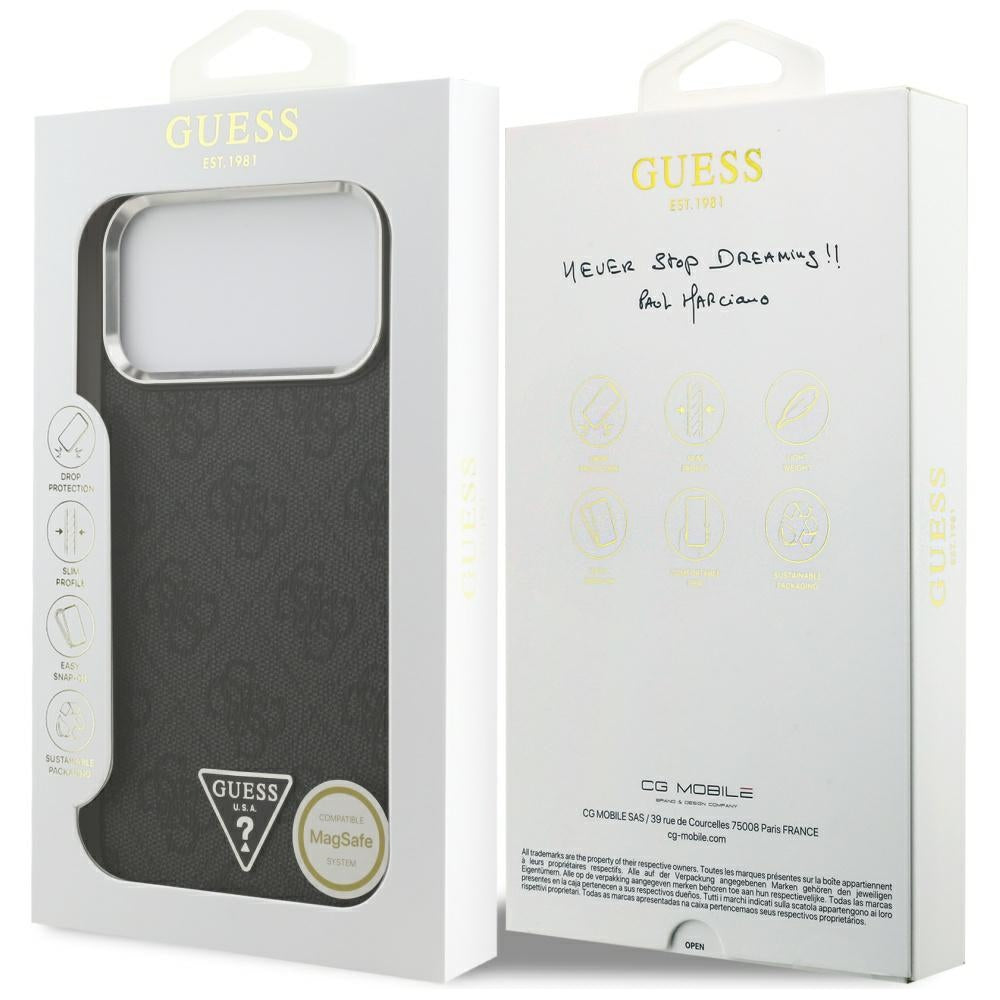 Puzdro MagSafe pre Apple iPhone 17 Pro Max, Guess, 4G Triangle Logo, Čierno Strieborné