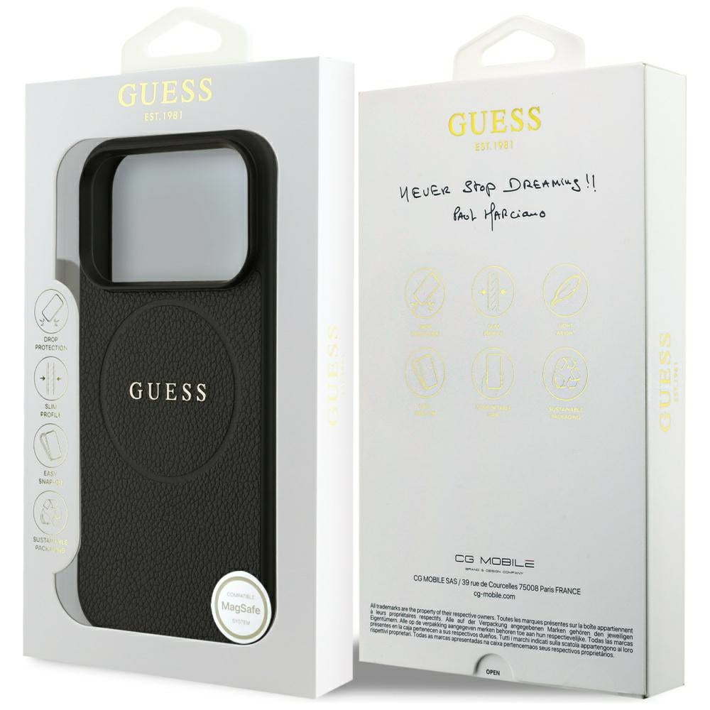 Puzdro MagSafe pre Apple iPhone 17 Pro Max, Guess, Grained Gold Ring, Čierne