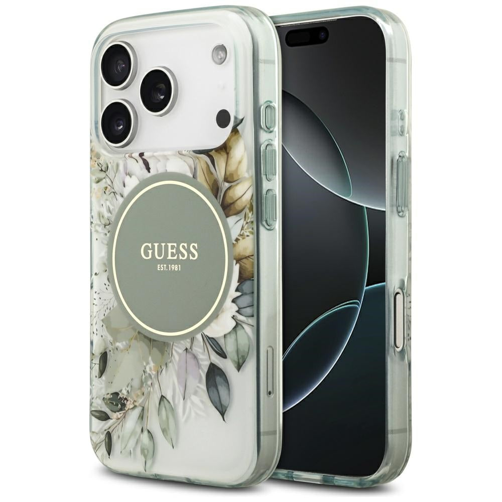Puzdro MagSafe pre Apple iPhone 17 Pro Max, Guess, IML Flower & Tonal Circle, Zelená