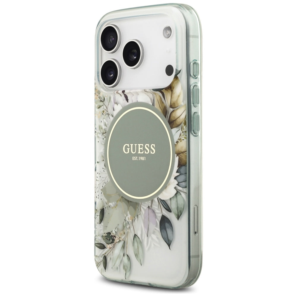 Puzdro MagSafe pre Apple iPhone 17 Pro Max, Guess, IML Flower & Tonal Circle, Zelená