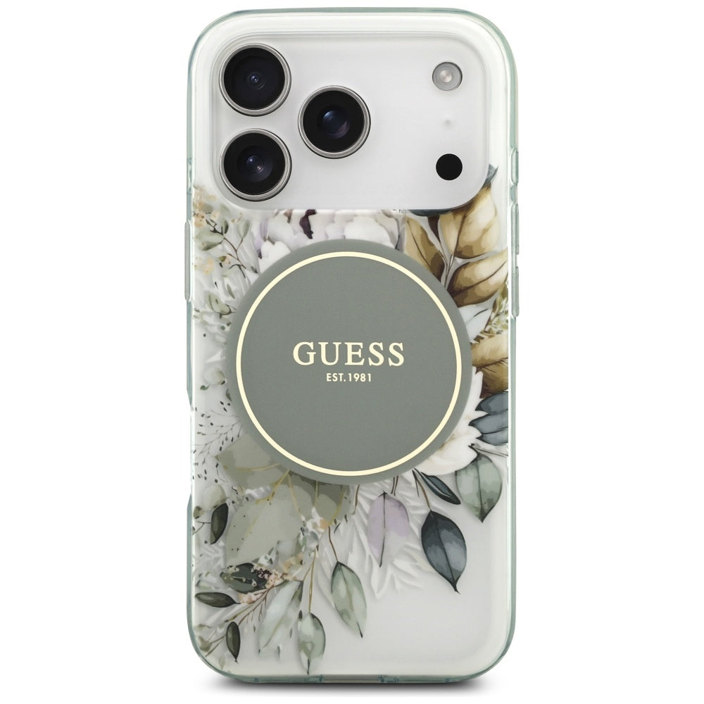 Puzdro MagSafe pre Apple iPhone 17 Pro Max, Guess, IML Flower & Tonal Circle, Zelená