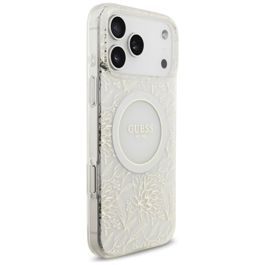 Puzdro MagSafe pre Apple iPhone 17 Pro Max, Guess, IML Flowers Allover Electroplated with Pearl Strap, Biela