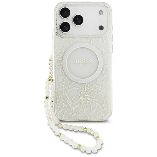 Puzdro MagSafe pre Apple iPhone 17 Pro Max, Guess, IML Flowers Allover Electroplated with Pearl Strap, Biela