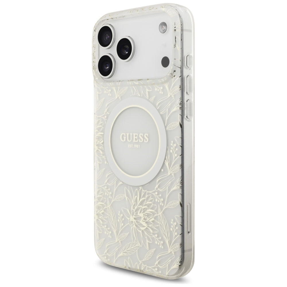 Puzdro MagSafe pre Apple iPhone 17 Pro Max, Guess, IML Flowers Allover Electroplated with Pearl Strap, Biela