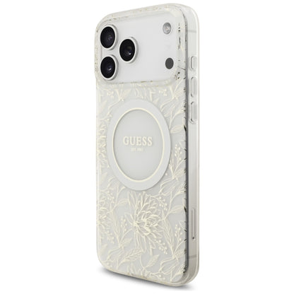 Puzdro MagSafe pre Apple iPhone 17 Pro Max, Guess, IML Flowers Allover Electroplated with Pearl Strap, Biela