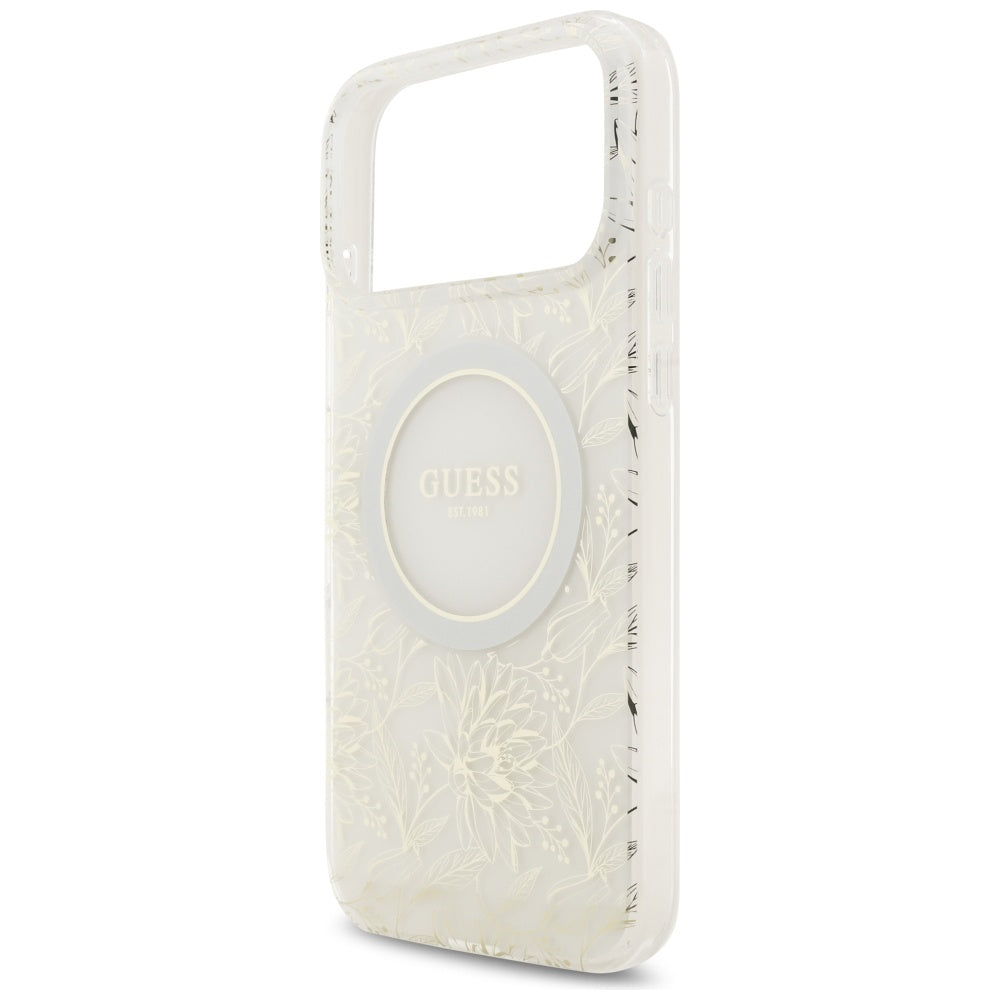 Puzdro MagSafe pre Apple iPhone 17 Pro Max, Guess, IML Flowers Allover Electroplated with Pearl Strap, Biela