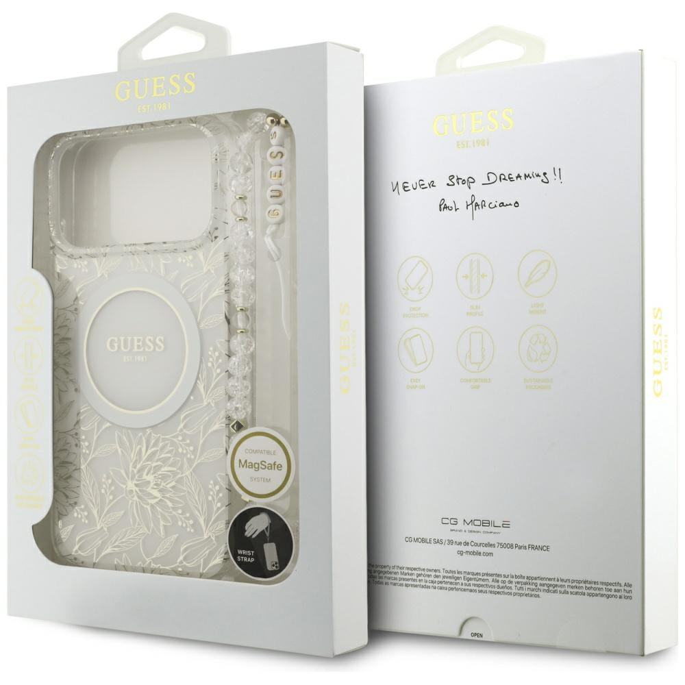 Puzdro MagSafe pre Apple iPhone 17 Pro Max, Guess, IML Flowers Allover Electroplated with Pearl Strap, Biela