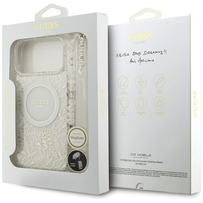 Puzdro MagSafe pre Apple iPhone 17 Pro Max, Guess, IML Flowers Allover Electroplated with Pearl Strap, Biela