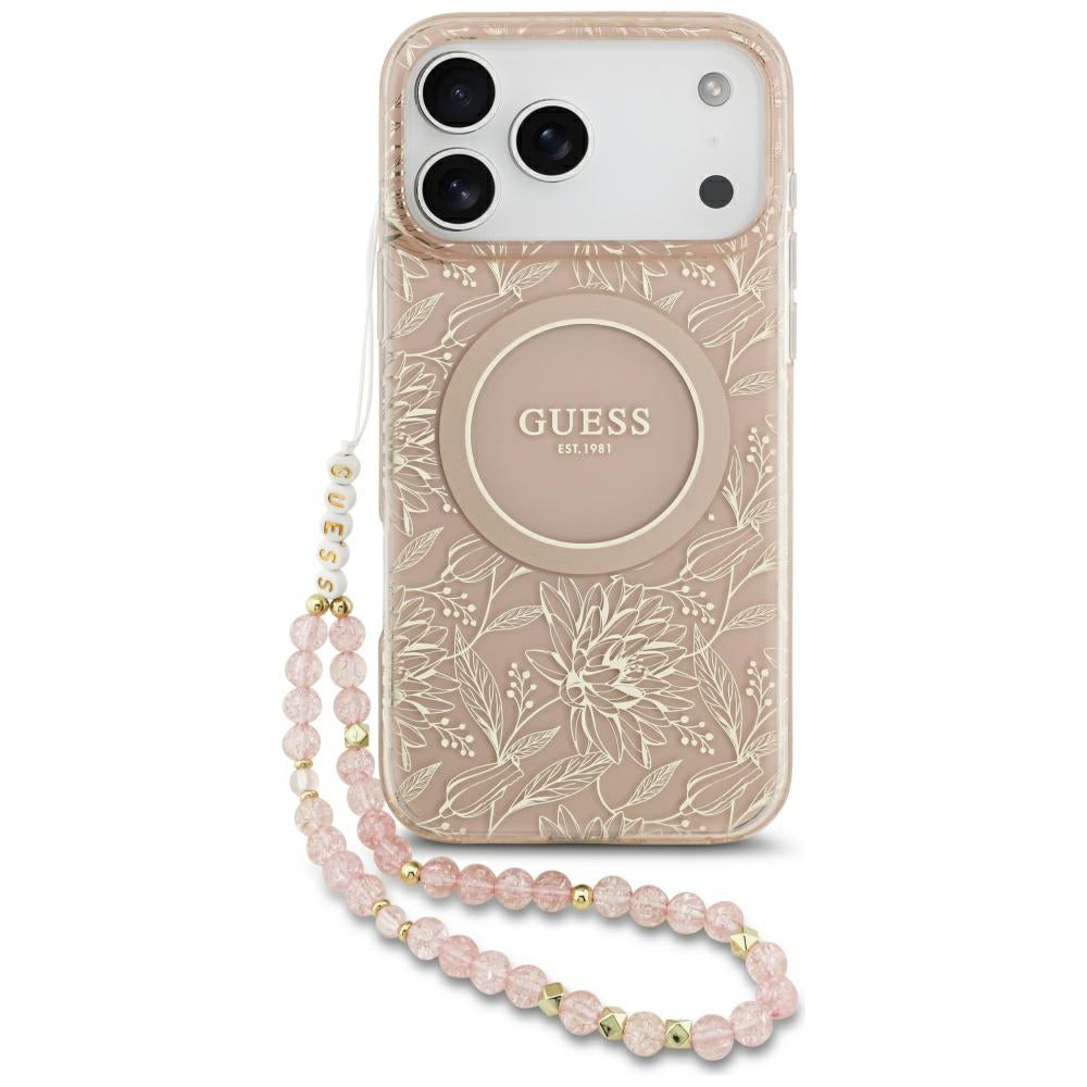Puzdro MagSafe pre Apple iPhone 17 Pro Max, Guess, IML Flowers Allover Electroplated with Pearl Strap, Ružové