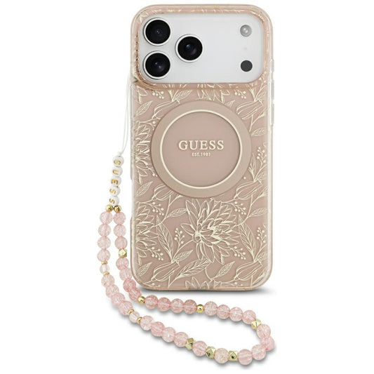 Puzdro MagSafe pre Apple iPhone 17 Pro Max, Guess, IML Flowers Allover Electroplated with Pearl Strap, Ružové