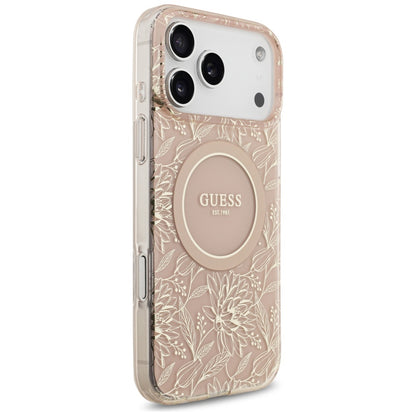 Puzdro MagSafe pre Apple iPhone 17 Pro Max, Guess, IML Flowers Allover Electroplated with Pearl Strap, Ružové