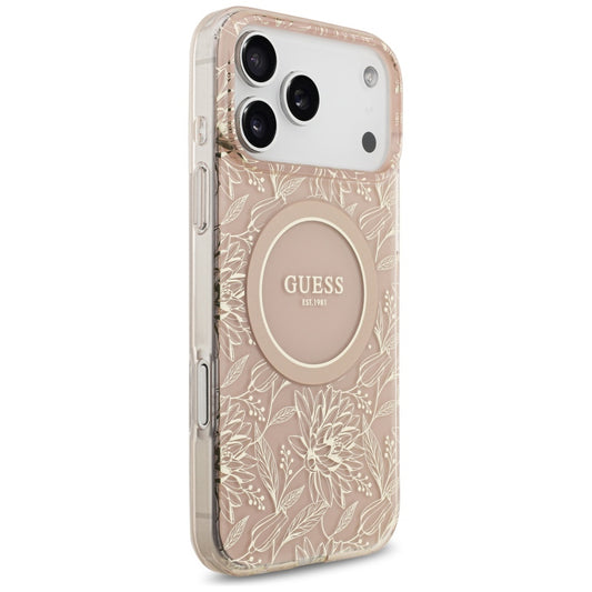 Puzdro MagSafe pre Apple iPhone 17 Pro Max, Guess, IML Flowers Allover Electroplated with Pearl Strap, Ružové