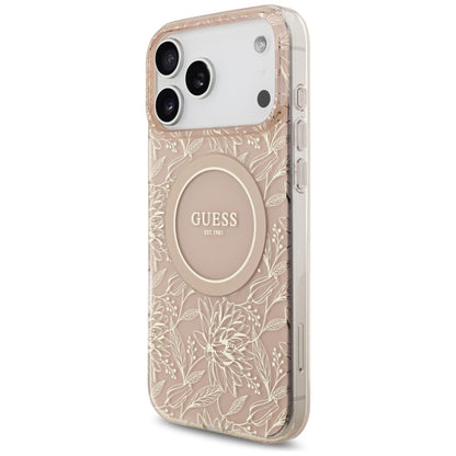 Puzdro MagSafe pre Apple iPhone 17 Pro Max, Guess, IML Flowers Allover Electroplated with Pearl Strap, Ružové