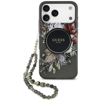 Puzdro MagSafe pre Apple iPhone 17 Pro Max, Guess, IML Flowers with Pearl Strap, Čierne