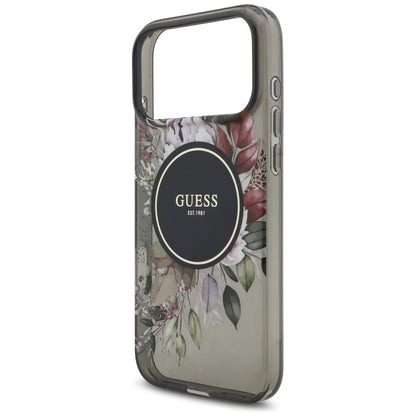 Puzdro MagSafe pre Apple iPhone 17 Pro Max, Guess, IML Flowers with Pearl Strap, Čierne