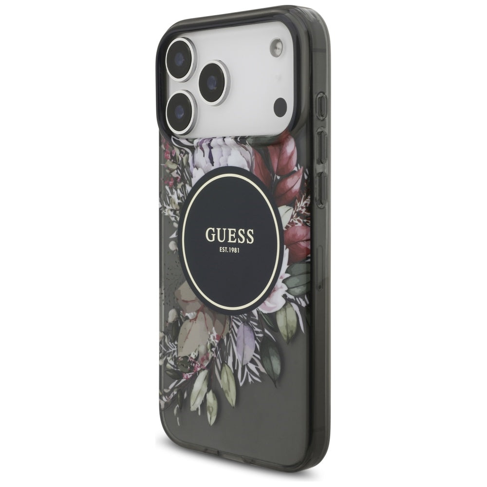 Puzdro MagSafe pre Apple iPhone 17 Pro Max, Guess, IML Flowers with Pearl Strap, Čierne
