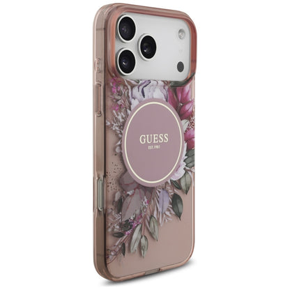 Puzdro MagSafe pre Apple iPhone 17 Pro Max, Guess, IML Flowers with Pearl Strap, Ružové
