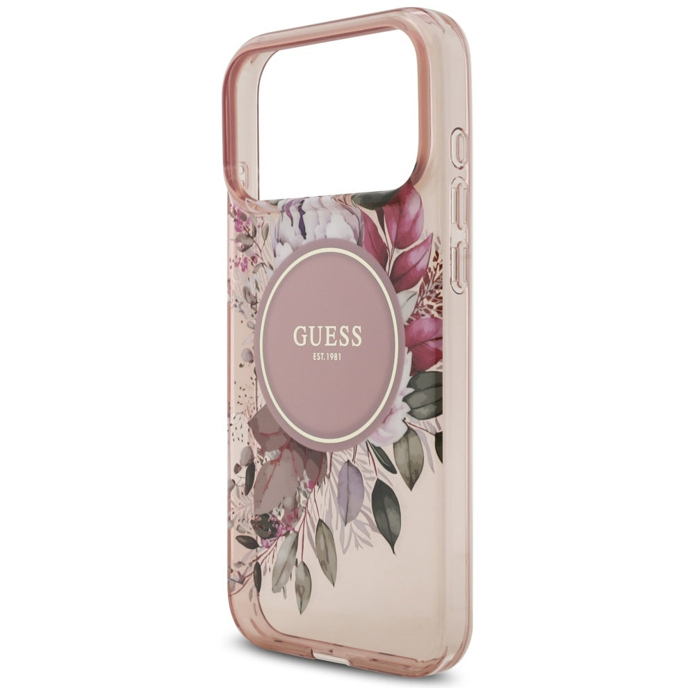 Puzdro MagSafe pre Apple iPhone 17 Pro Max, Guess, IML Flowers with Pearl Strap, Ružové