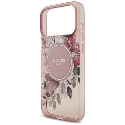 Puzdro MagSafe pre Apple iPhone 17 Pro Max, Guess, IML Flowers with Pearl Strap, Ružové