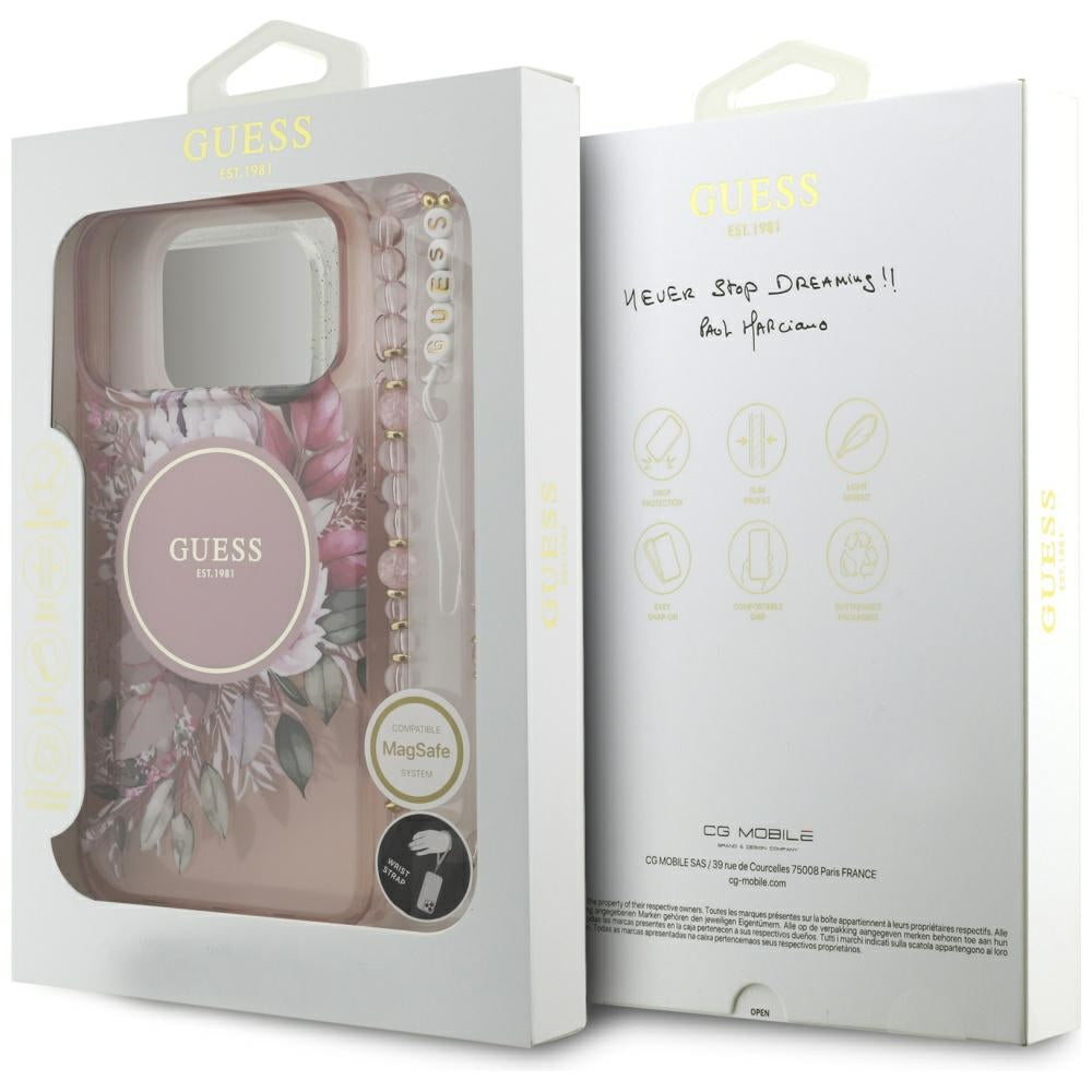 Puzdro MagSafe pre Apple iPhone 17 Pro Max, Guess, IML Flowers with Pearl Strap, Ružové
