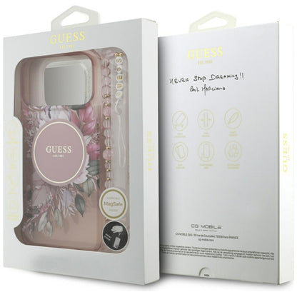 Puzdro MagSafe pre Apple iPhone 17 Pro Max, Guess, IML Flowers with Pearl Strap, Ružové