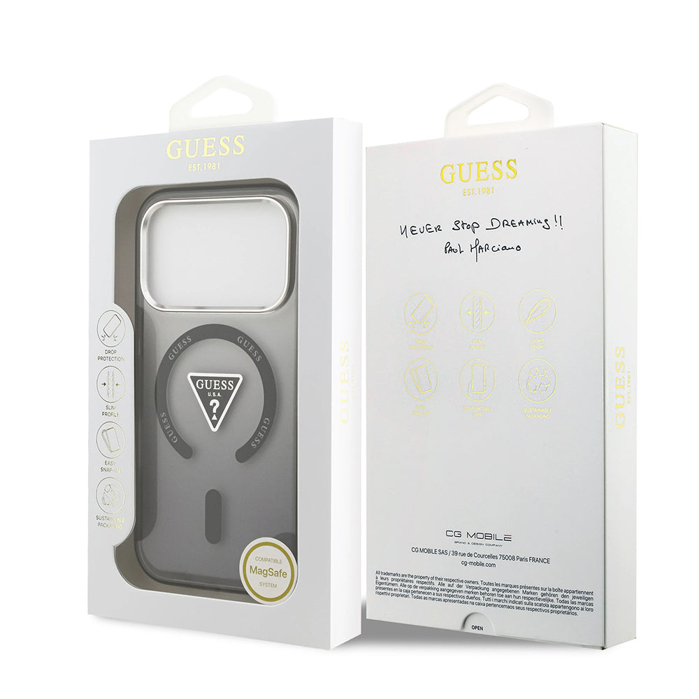 Puzdro MagSafe pre Apple iPhone 17 Pro Max, Guess, IML Gradient Triangle Logo, Čierno Strieborné