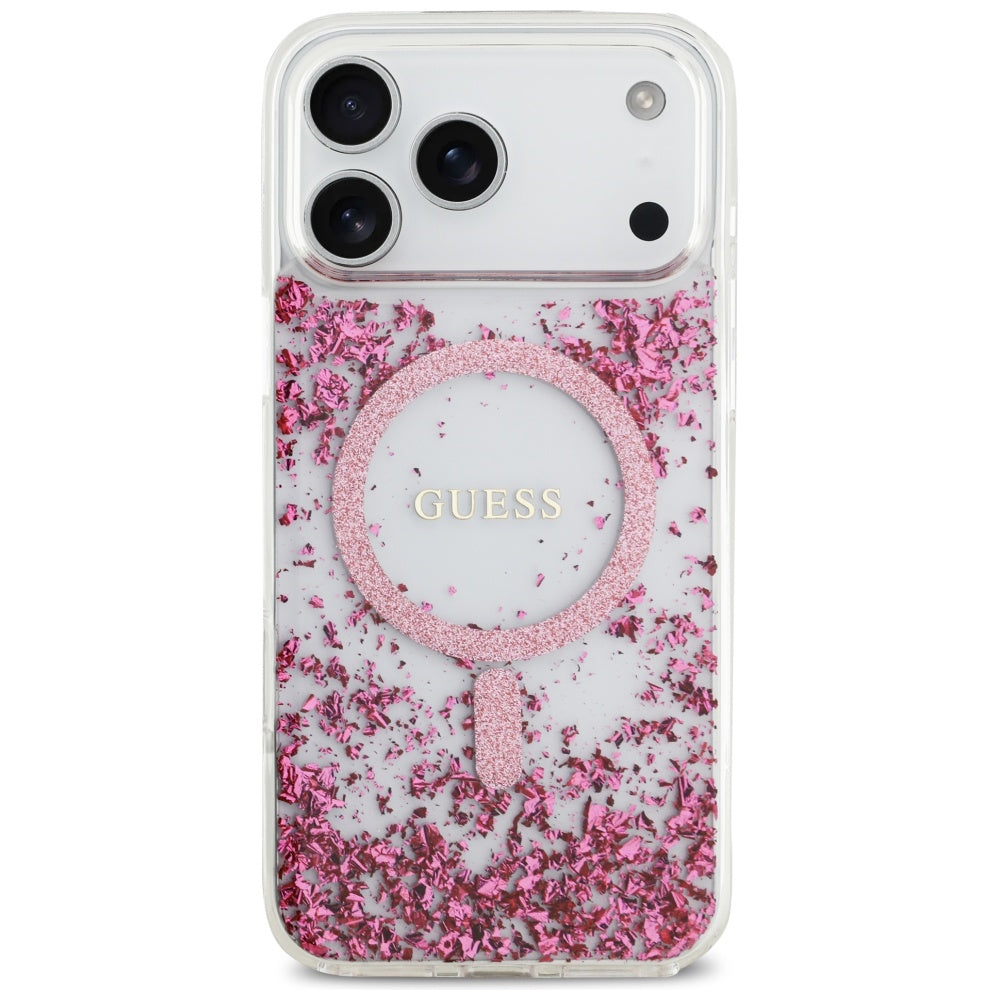 Puzdro MagSafe pre Apple iPhone 17 Pro Max, Guess, Resin Bottom Glitter, Ružové