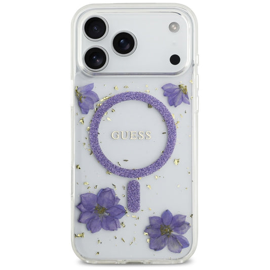 Puzdro MagSafe pre Apple iPhone 17 Pro Max, Guess, Resin Flowers and Glitter, Fialová