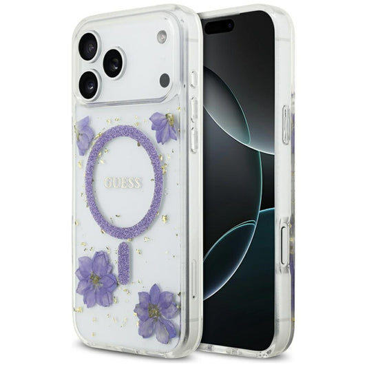 Puzdro MagSafe pre Apple iPhone 17 Pro Max, Guess, Resin Flowers and Glitter, Fialová