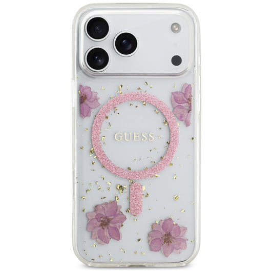 Puzdro MagSafe pre Apple iPhone 17 Pro Max, Guess, Resin Flowers and Glitter, Ružová