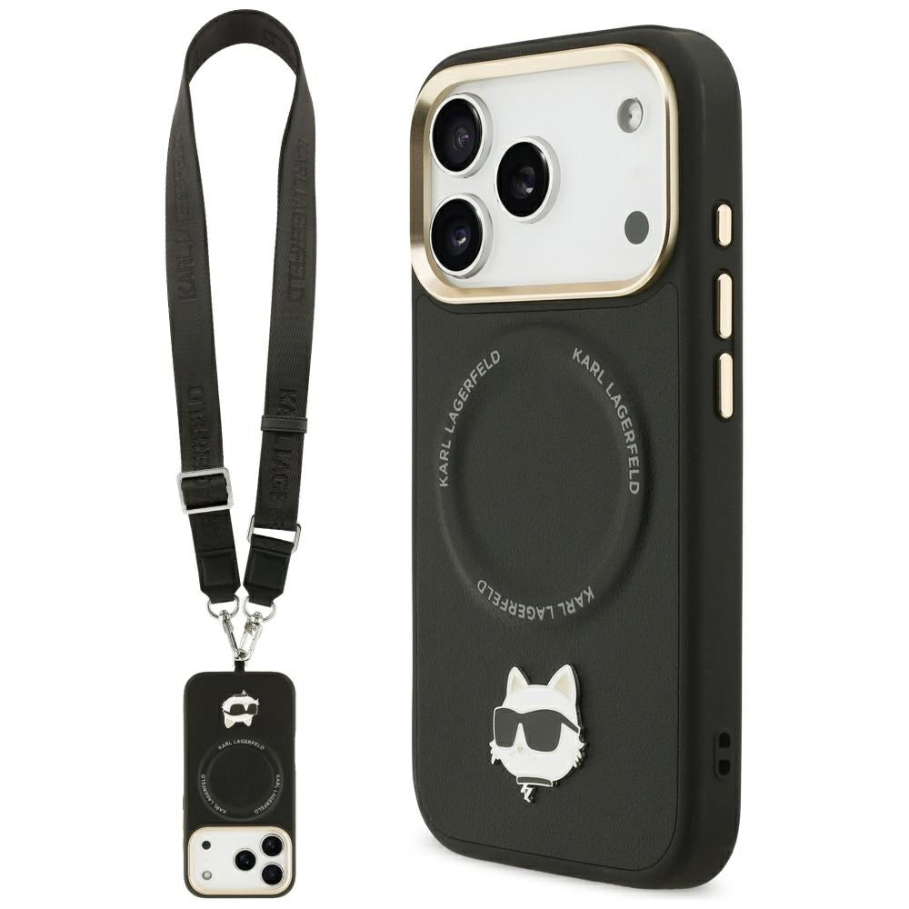 Puzdro MagSafe pre Apple iPhone 17 Pro Max, Karl Lagerfeld, Big Strap Choupette Metal Logo, Čierne