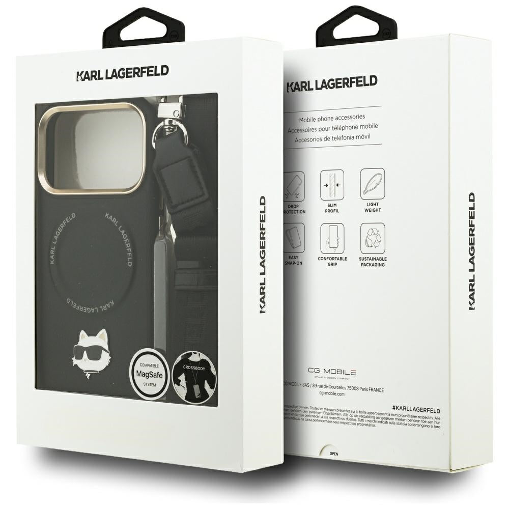 Puzdro MagSafe pre Apple iPhone 17 Pro Max, Karl Lagerfeld, Big Strap Choupette Metal Logo, Čierne