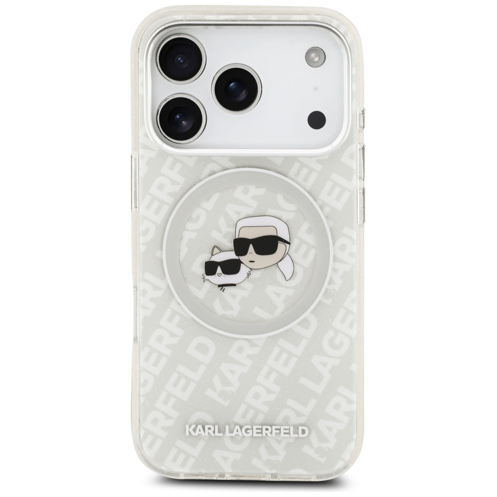 Puzdro MagSafe pre Apple iPhone 17 Pro Max, Karl Lagerfeld, Glitter Karl & Choupette Head, Biela
